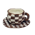 Madou Hand-Painted Brown Checkerboard Bone China Ceramic Coffee Cup Saucer Set Cute Exquisite Design Afternoon Tea Underglaze