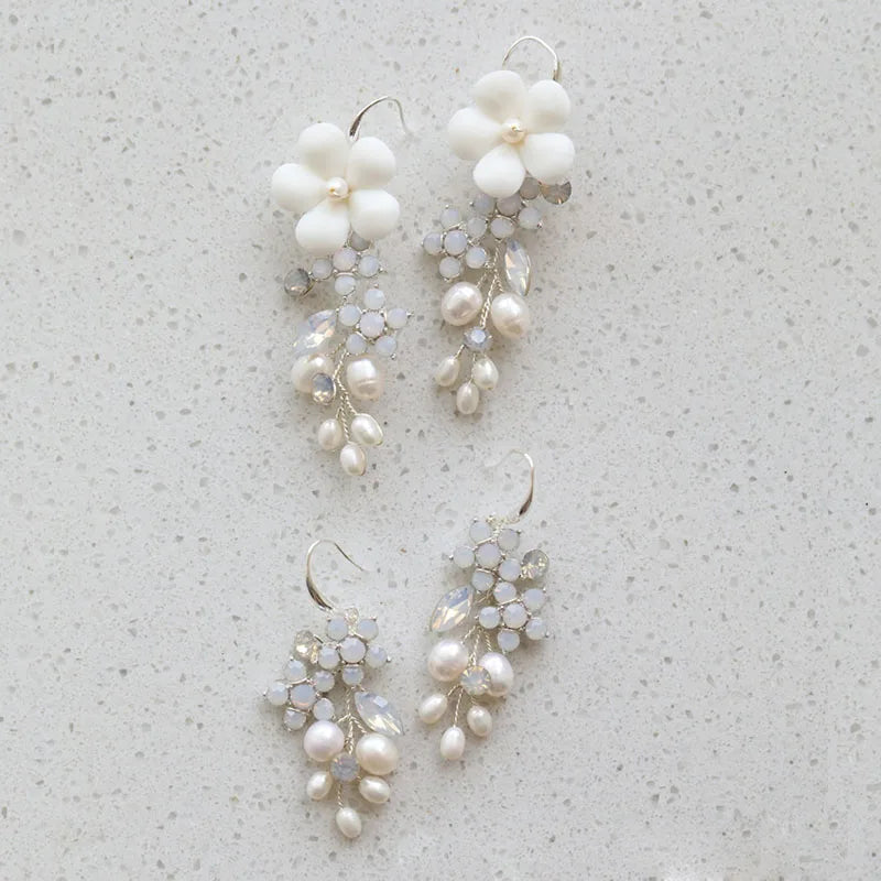 SLBRIDAL Ins Sparkling Opal Crystal Rhinestones Porcelain Flower Freshwater Pearls Bridal Wedding Earring Women Girls Earrings