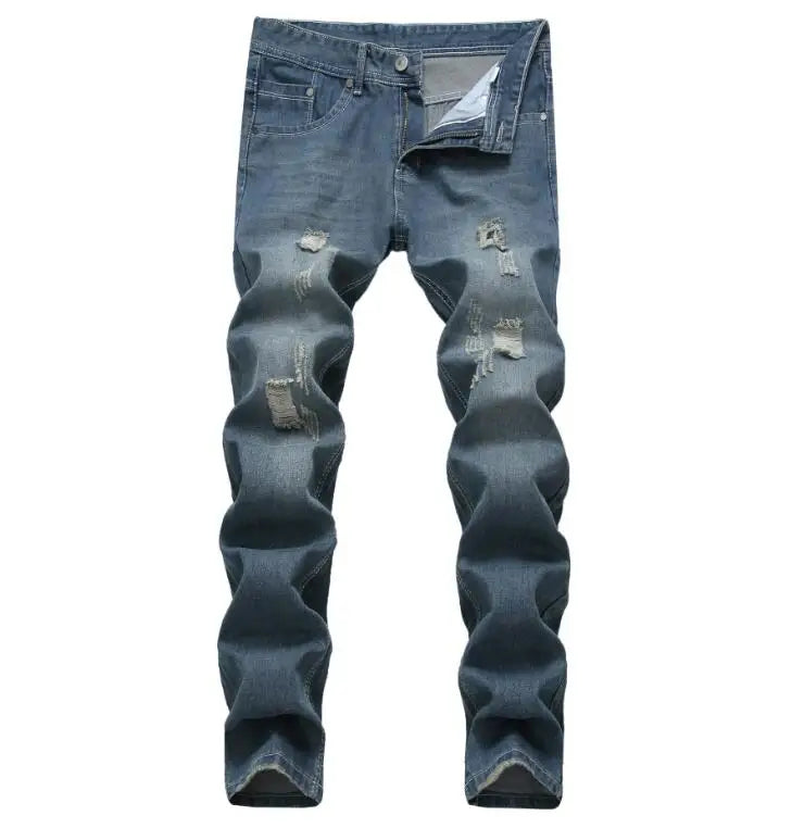 Custom Washed Mens Jeans Denim Slim Ripped Pants Men Blue Trousers With Hole Leisure Men's Jeans