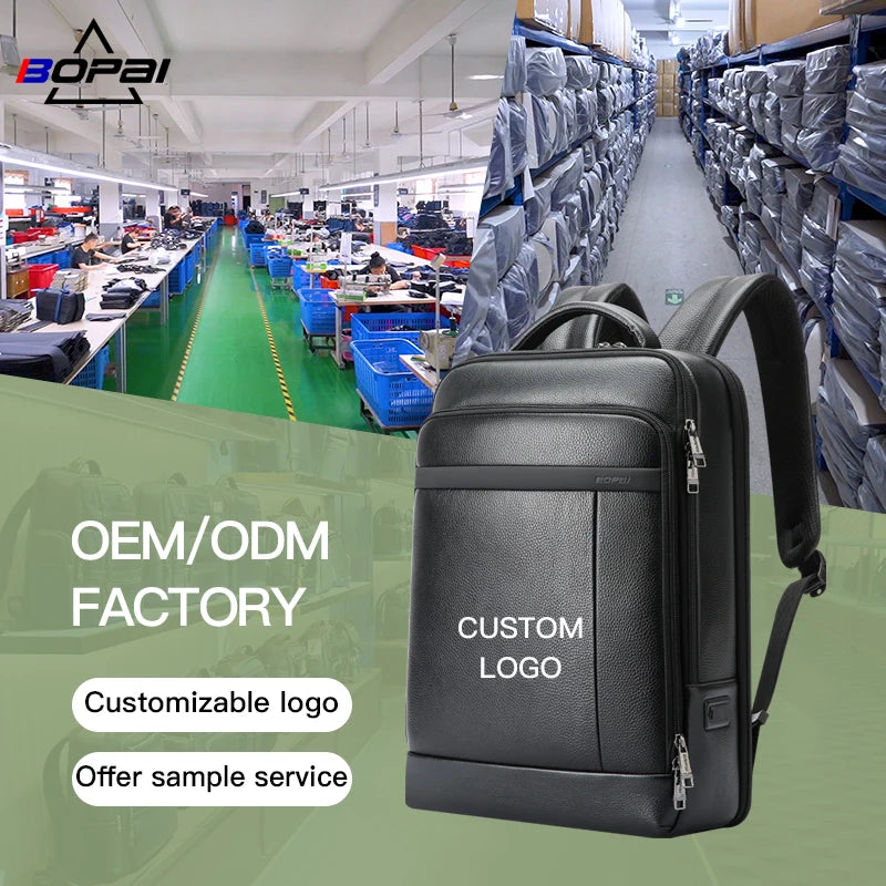 Bopai OEM BSCI Premium Custom logo Multifunctional Luxury Usb Charging Bagpack for 15.6 Inch Laptop Genuine Leather Backpack Men
