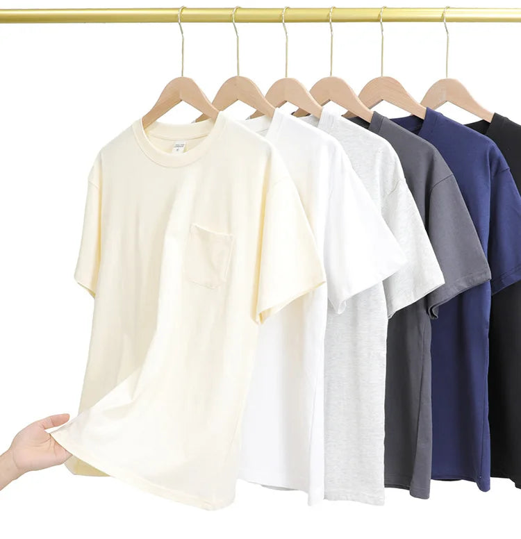 Solid Color Heavy 240g Combed Cotton Short Sleeve T-Shirt with Chest Pocket Custom logo Men's High Quality T-shirts