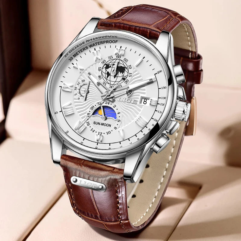 LIGE LG8975  Business Automatic Calendar Men Watches Brand Leather Waterproof Sport Quartz Chronograph Watch Men Clock