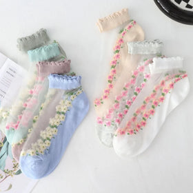 MIO Women Girl Socks With Ruffles Sweet Color Ankle Sock Transparent Mesh Flowers Wholesale Retro Floral Socks