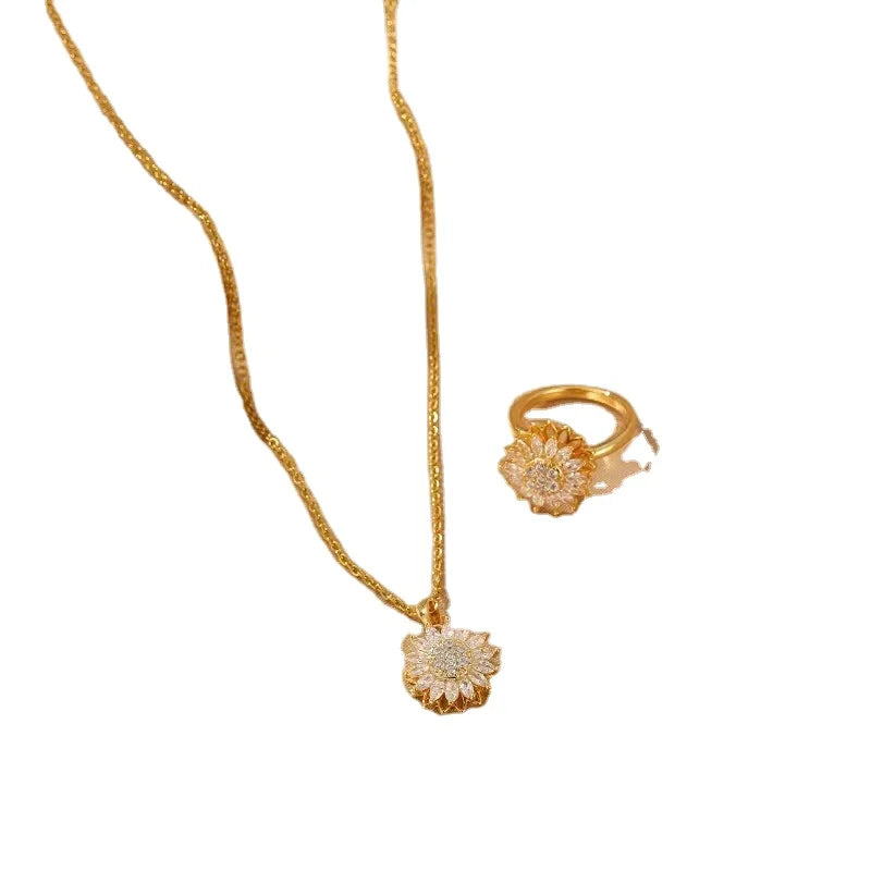 Kadin Kolye Rotatable Spinning Sunflower Ring Pendant Necklace Copper Sunflower CZ Charm Dainty Necklaces Ring Set for Women