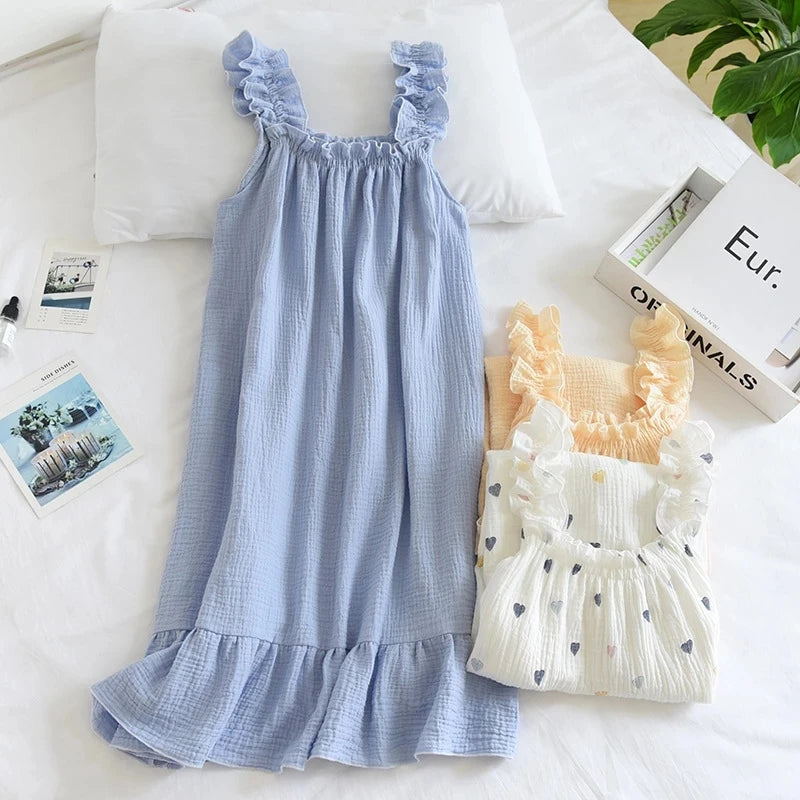 Summer New Style Nightdress Ladies Cotton Crepe Thin Vest Suspender Skirt Loose Long Skirt Sweet and Cute Home Skirt