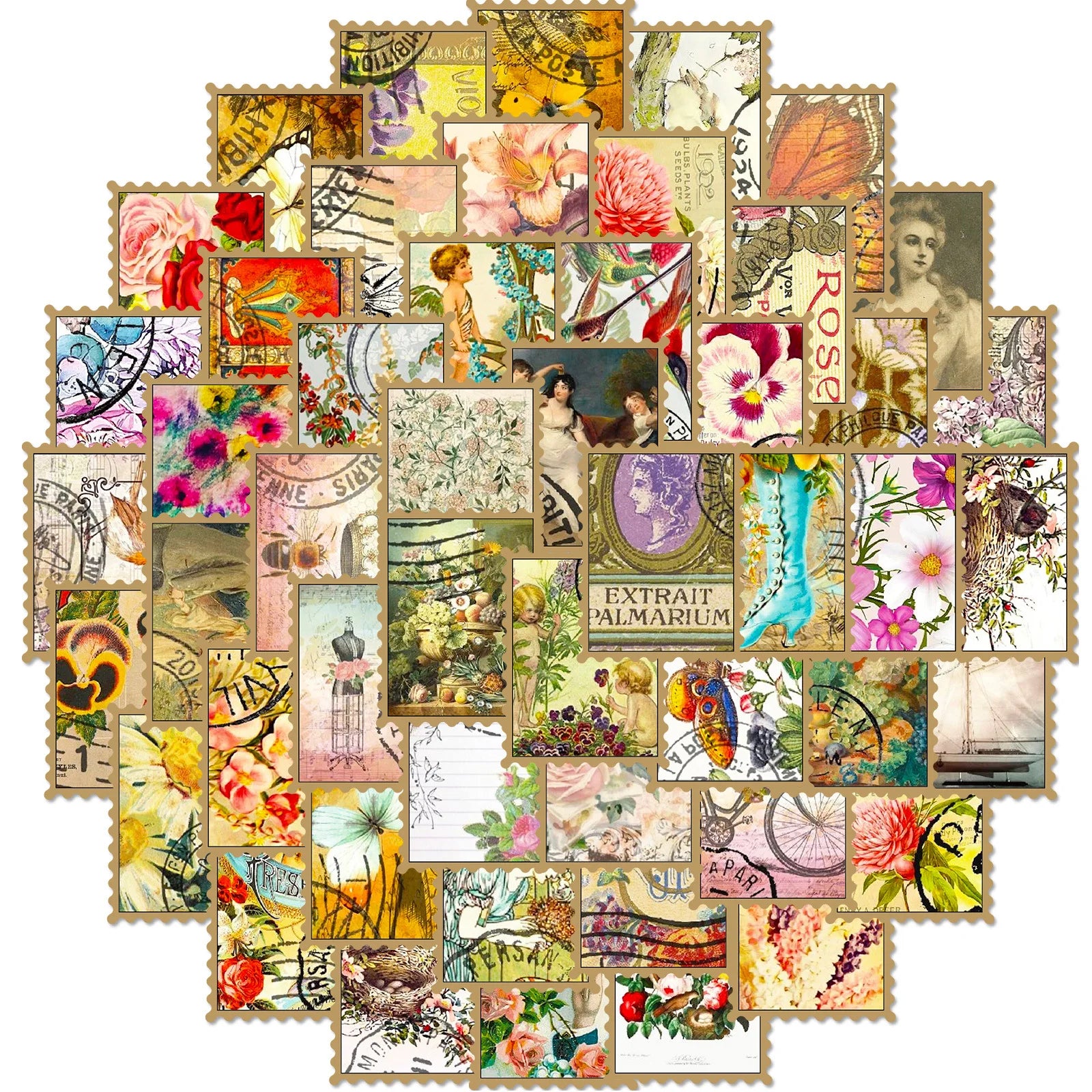 50PCS Bridge Color Aesthetic Vintage Floral Stamp butterfly Postage