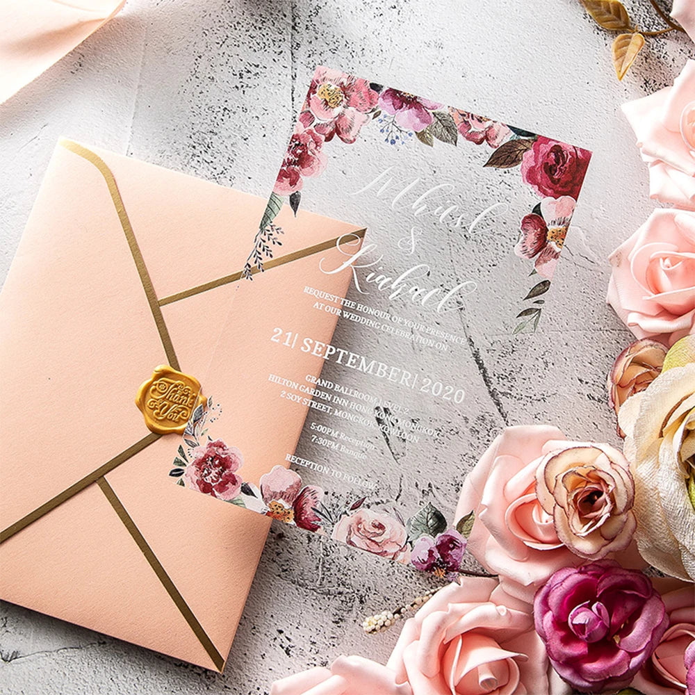 Handmade Custom Luxury Clear Flower Printed 5x7 Inch Transparent Acrylic Wedding Invitation Card With Vellum Envelope