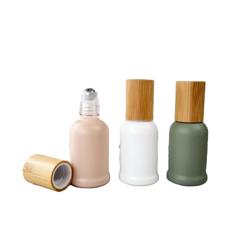 10ml Morandi Glass Roll-On Bottle with Stainless Steel Roller & Bamboo Lid Special Design Essential Oils Refillable Bottle