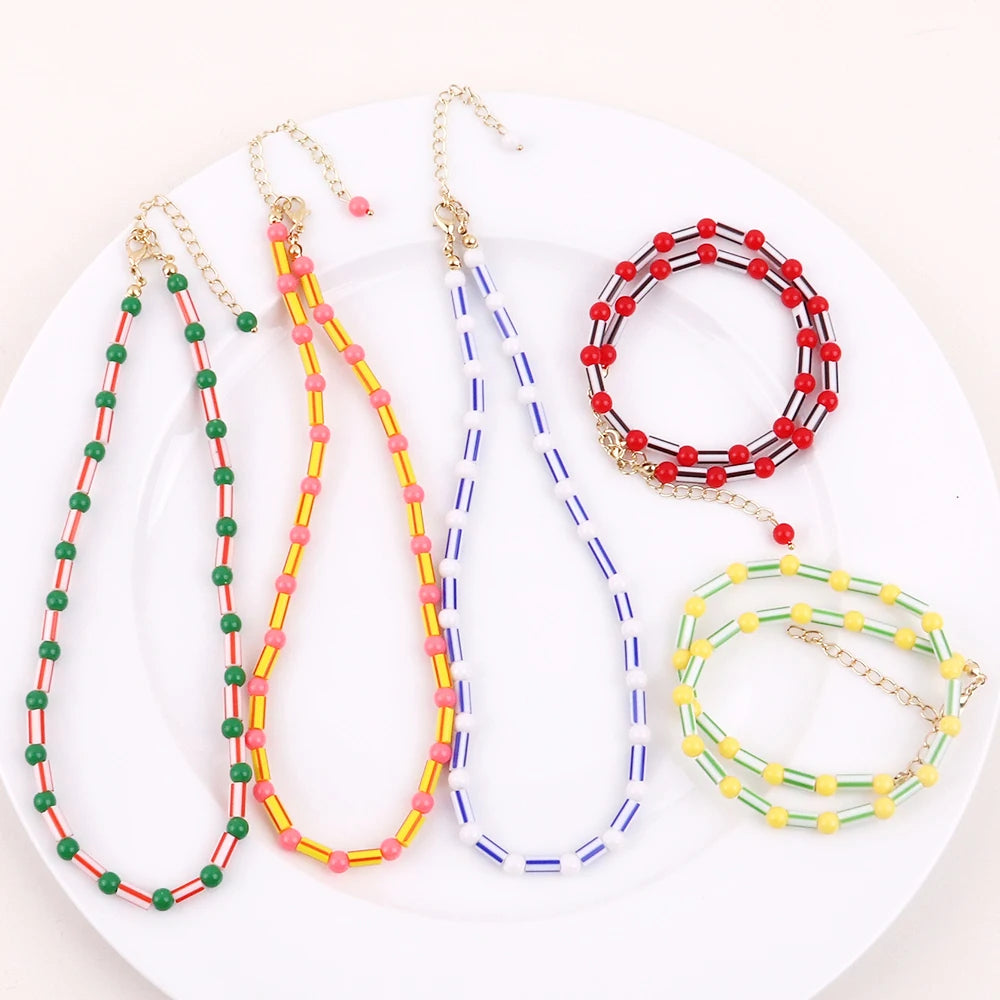 Wholesale Bohemia Lovely Resin Beaded Necklace Party Colorful Round Bead Son Bamboo Measle Acrylic Long Necklace for Women