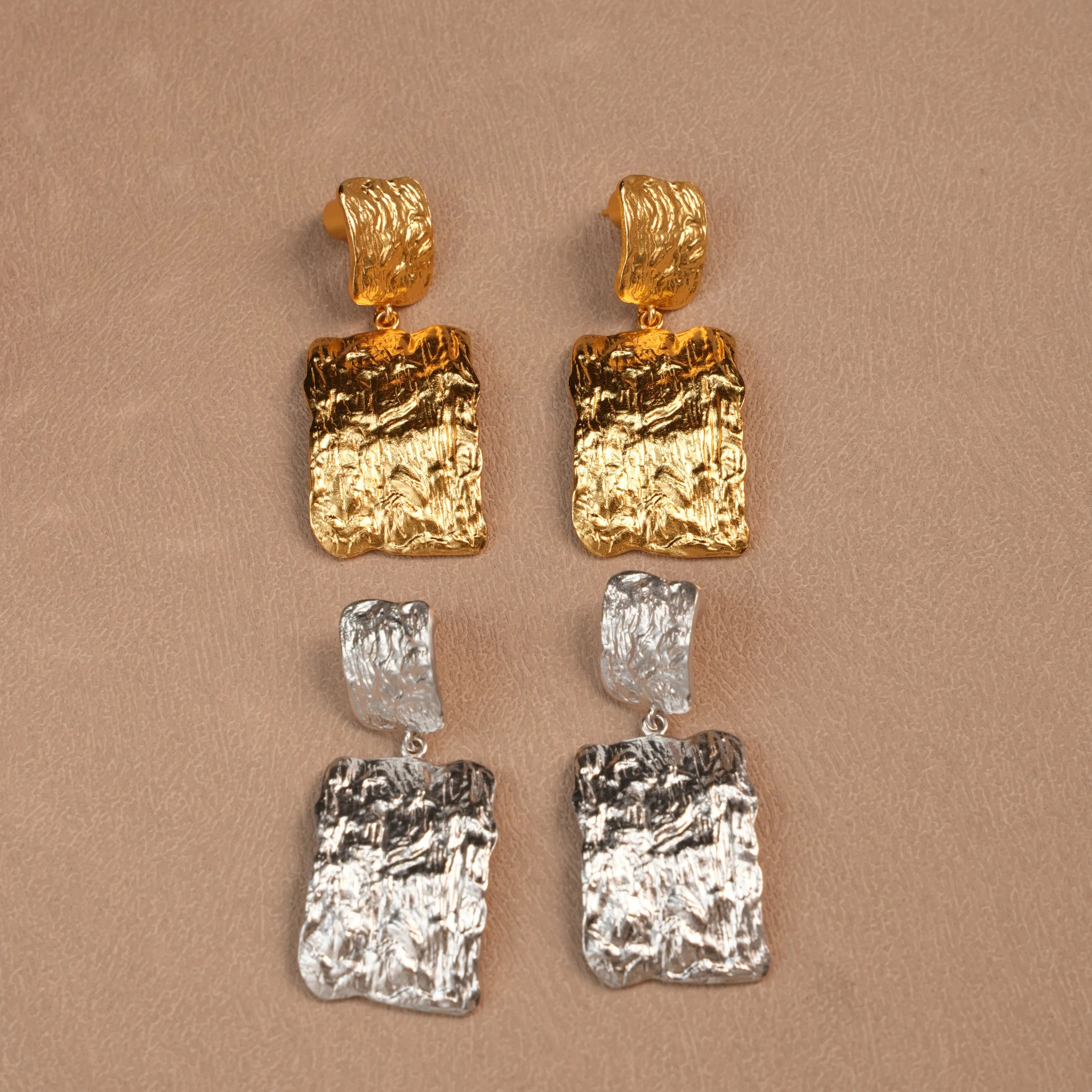 New Earrings Real Real Gold Plated Brass Metal Hammer Rectangle Dangle Drop Earrings Daily Jewelry Gift