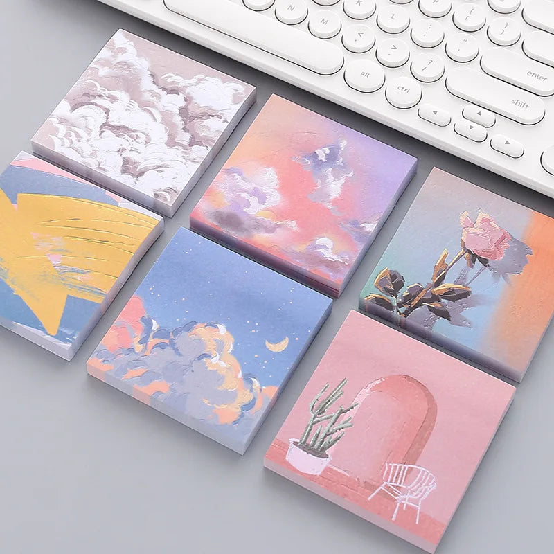 Creative Oil Painting Series Office School Self-adhesive Writing Memo Pad Notes Pad Stationery Supplies