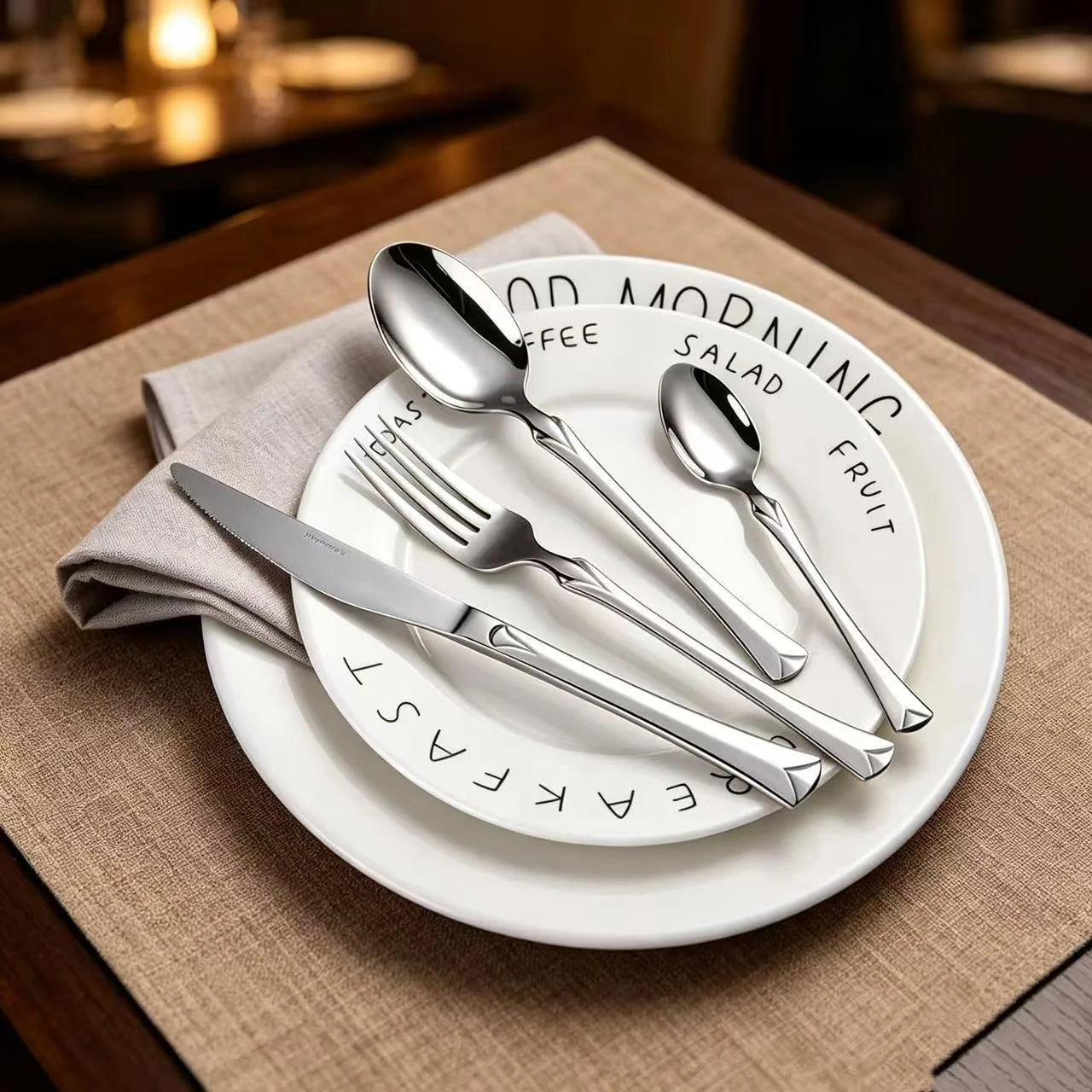 Commercial 410 Stainless Steel Flatware Set Mirror Polished Cloth Wheel Finish Wholesale Bulk Silverware Set for Wedding Party