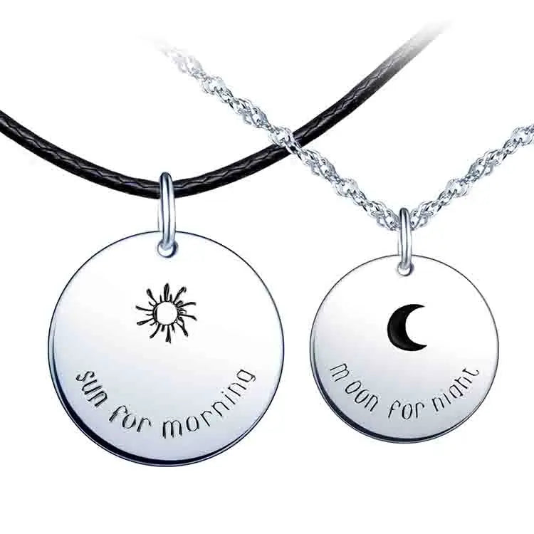 S925 Silver Couple Necklace Moon and Sun Glossy Board for Valentine Gift