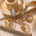 18K Gold Plated Stainless Steel Women's Adjustable Ring Fashionable Waterproof Mother Pearl Statement for Anniversary