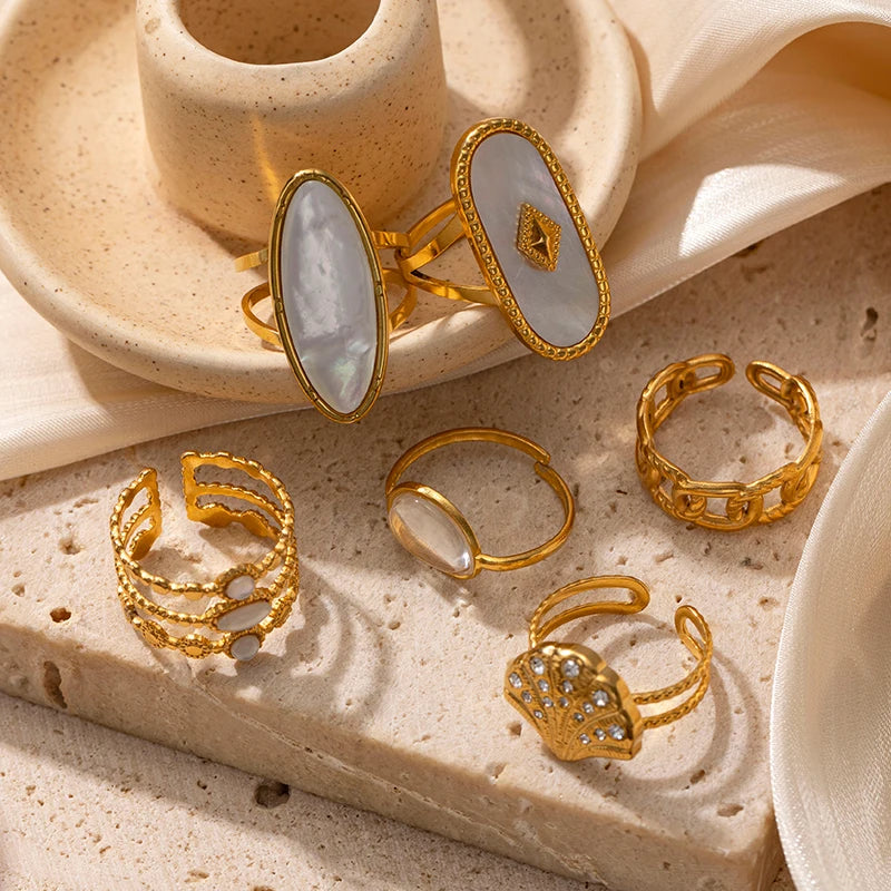 18K Gold Plated Stainless Steel Women's Adjustable Ring Fashionable Waterproof Mother Pearl Statement for Anniversary