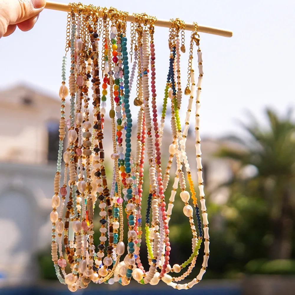 European and American Style Natural Pearl Colorful Crystal Women'S Beaded Chain Stainless Steel Necklace