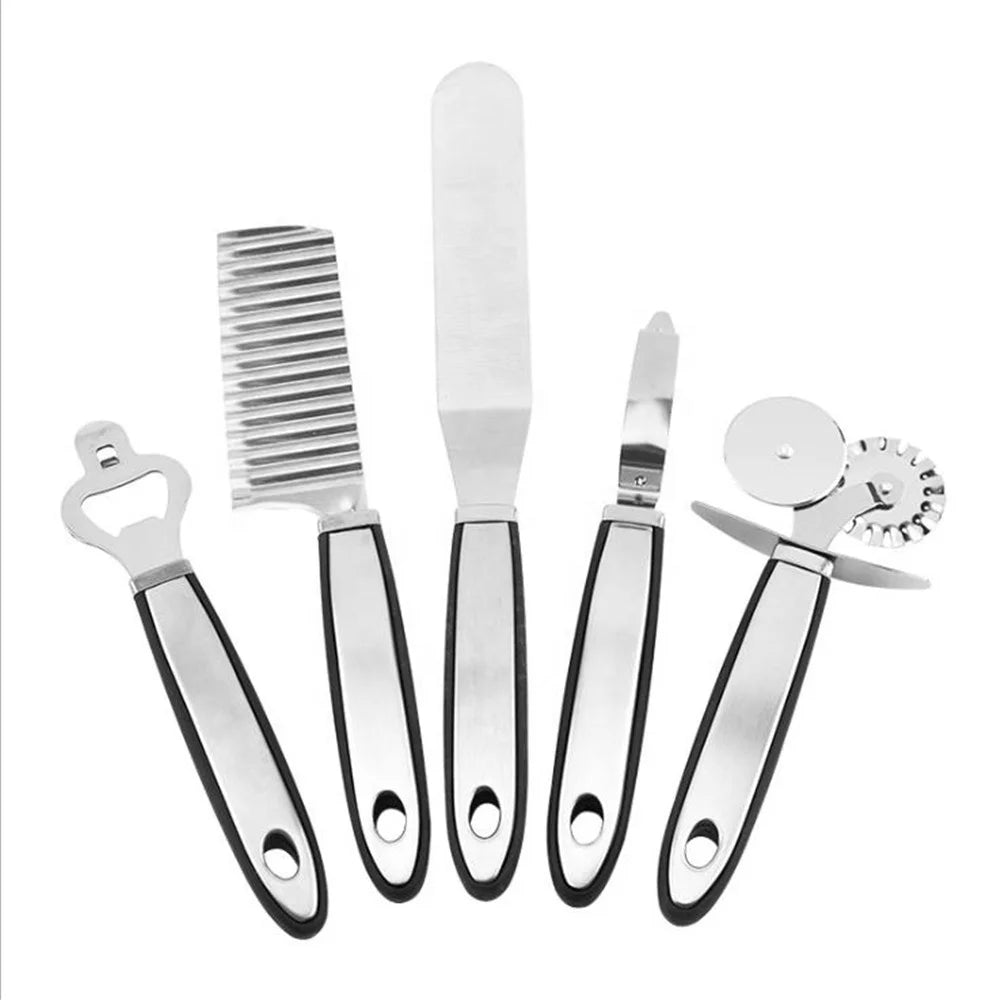 5 PCS Stainless Steel Kitchen Tools Set Includes Cheese Knife Bottle Opener Pizza Shovel Butter Melon Scrapers Wave Knife