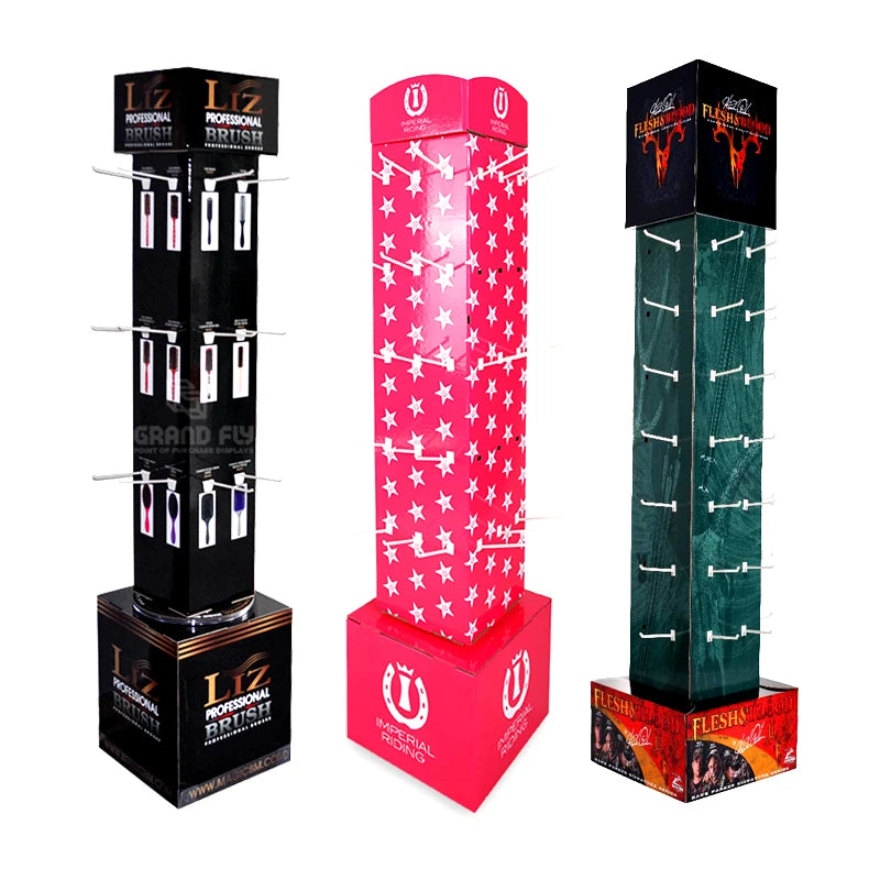 Custom 4 Sided Rotating Hook Eco-friendly Recyclable Paper Cardboard Floor Standing Advertising Display Stand for Retail Mobile