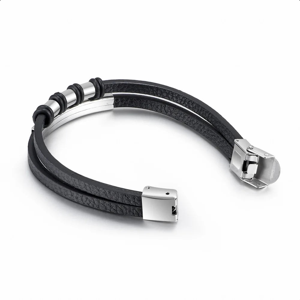 European American Fashion Men Bracelet Geometric Multilayered Hand Braided Bracelet Retro Stainless Steel Leather Bracelet
