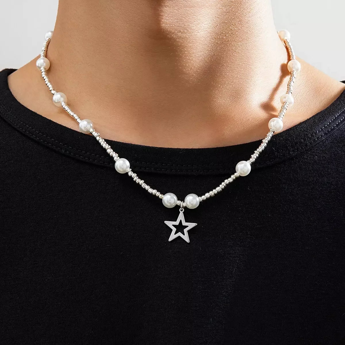 SHIXIN Simple CCB Beads Imitation Pearl Necklace for Men Star Ring Charm Choker Jewelry on the Neck Boy Party Cool Accessories