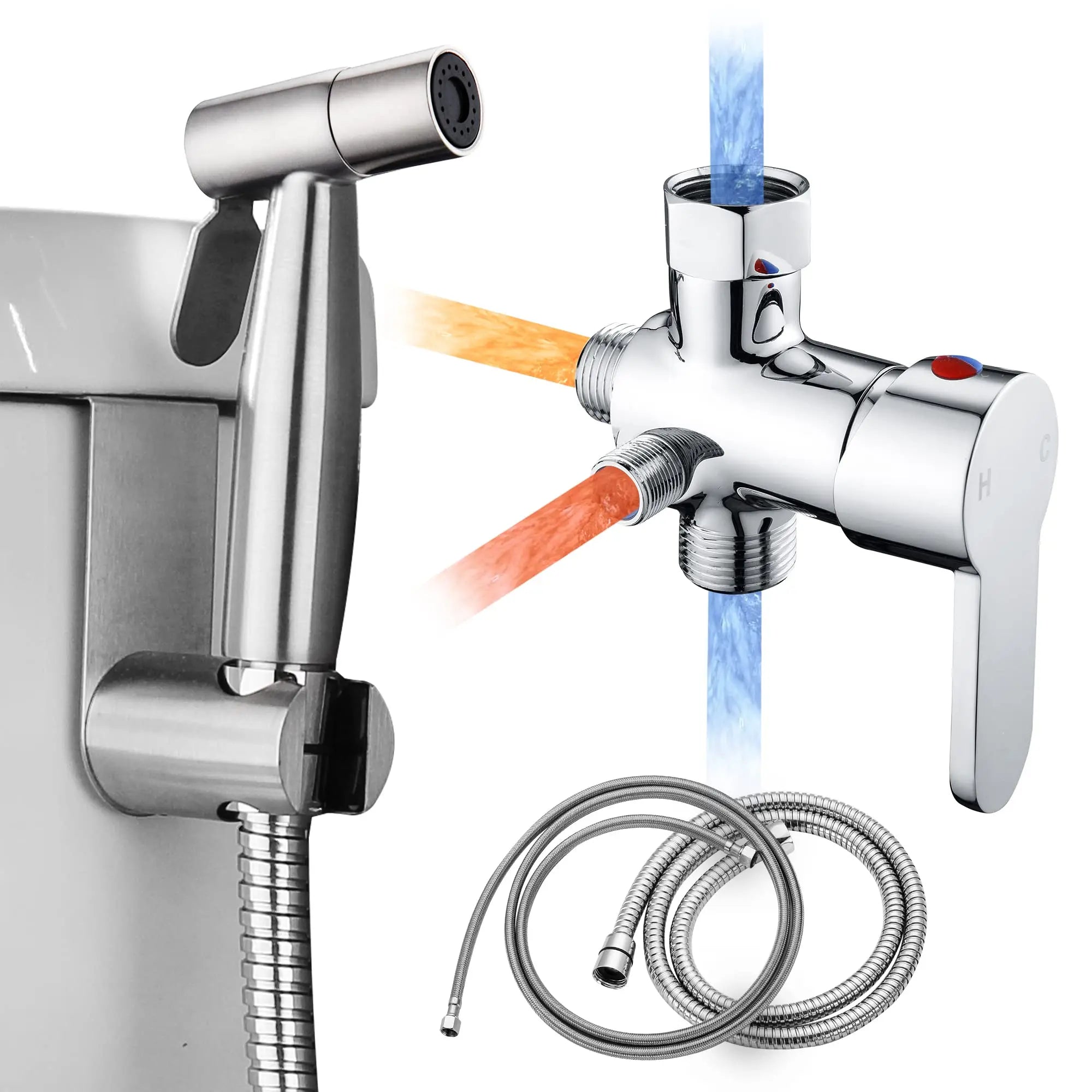 Electroplate Handheld Toilet Bidet Sprayer Set Brass T-Valve Dual Function BathroomHot and Cold Bidet Sprayer Mixing Valve Kit