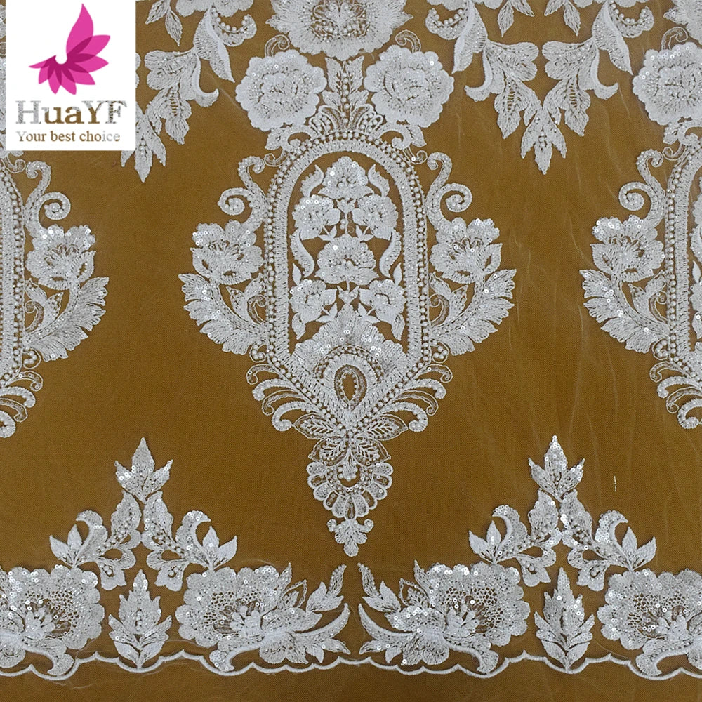 HY2248-1 High Quality Design White Shinny African 3d Beaded Sequins Wedding Bridal Lace Dress Fabric