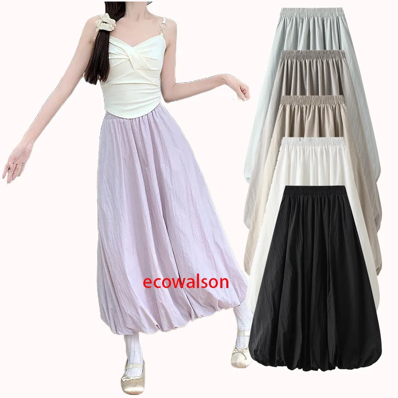 Ecowalson  Fashion Solid Color A-line Skirt Women Mid Length Elastic High Waist Skirts Versatile Spring  Clothing Lantern Skirt