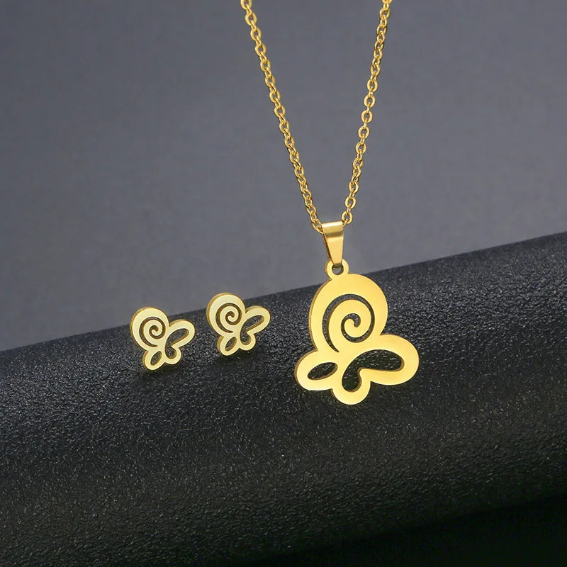 New Style Female Stainless Steel Jewelry Sets Heart Animal Cat Bear Butterfly Necklace Earrings Set