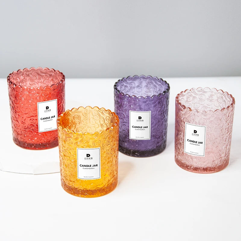 New Design Custom Luxury Christmas Colorful Embossed Glass Candle Jar Empty Candle Jars