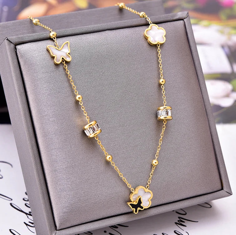 Fashion Shell Butterfly Flower Pendant Zircon Stainless Steel Necklace  for Women Fashion Jewelry Necklace