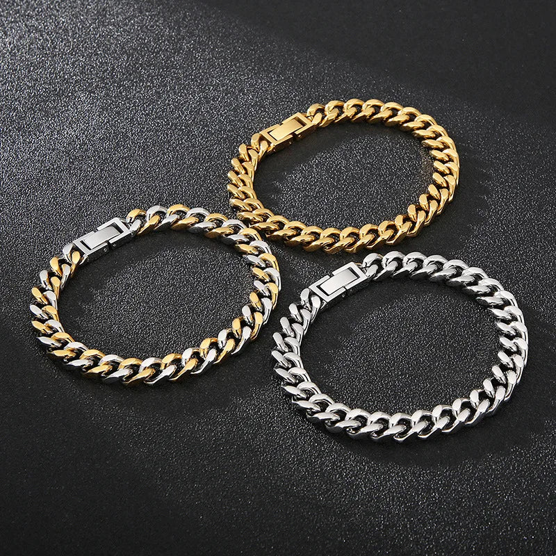 Wholesale Hip Hop Jewelry Tarnish Free 8mm 10mm 12mm 18K Gold Plated Stainless Steel Miami Cuban Link Bracelet Mens Chains