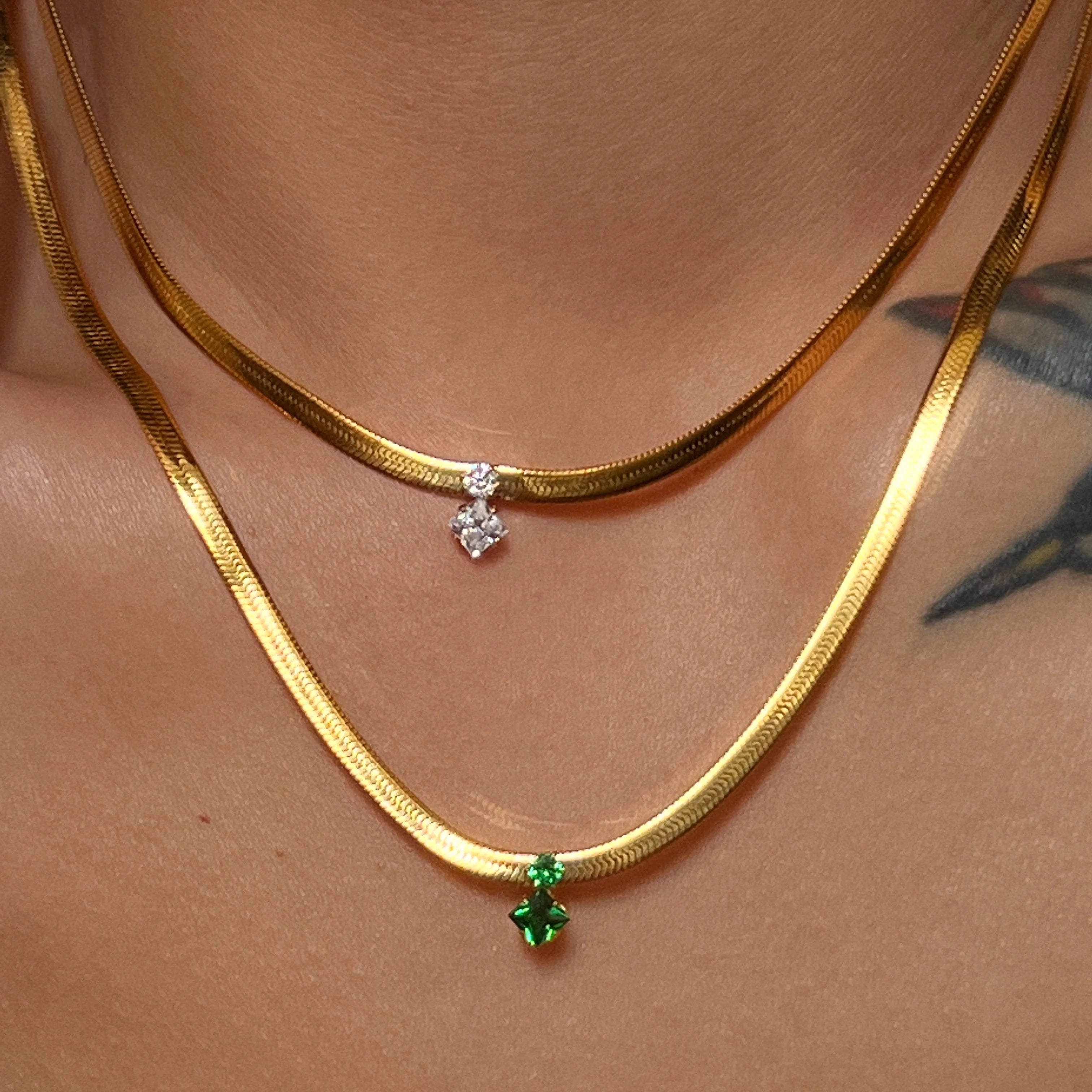 2024 Dazan New Luxury Design 18k Gold Plated Tarnish Free Stainless Steel Green Zircon Pendant 3mm Blade Chain Necklace Women