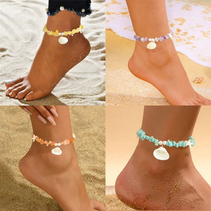 Summer Bohemian Ethnic Beach Style Natural Gravel Crystal Stone Starfish Shell Anklet Foot Chains for Women Men