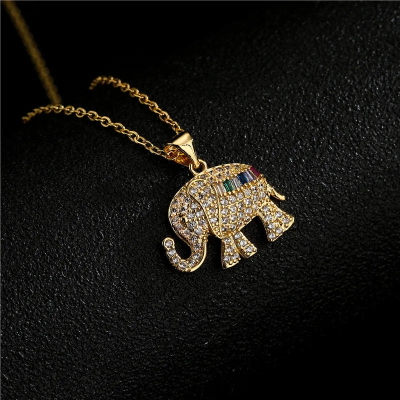 Europe Fashion Cute 18K Gold Plated Copper CZ Crystal Zircon Elephant Pendant Necklace for Women Girls