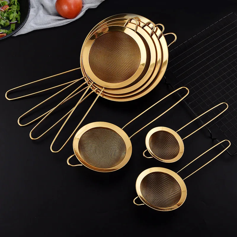 Kitchen Bakeware Stainless Steel Gold Mesh Separate Oil Strainer Flour Sifter Sieve Colanders Flour Coffee Mesh Filter