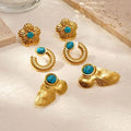 3 Paris Pack Stainless Steel Pvd Gold Plate18k Anti Tarnish Natural Turquoise Stone Charm Beads Stud Earring Jewelry Women