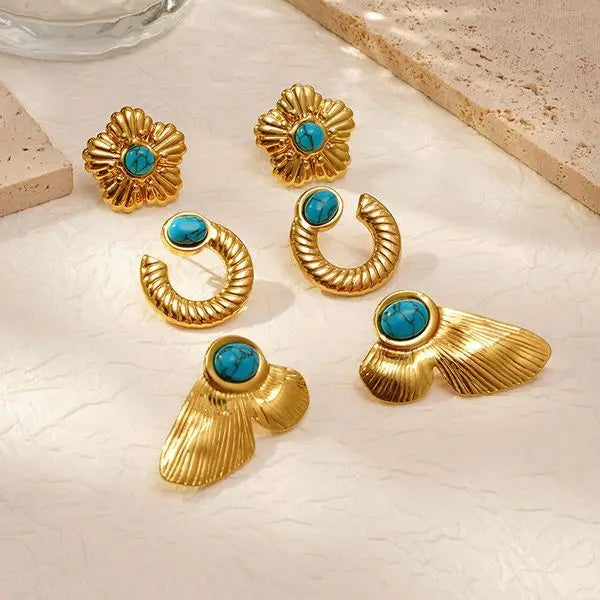 3 Paris Pack Stainless Steel Pvd Gold Plate18k Anti Tarnish Natural Turquoise Stone Charm Beads Stud Earring Jewelry Women