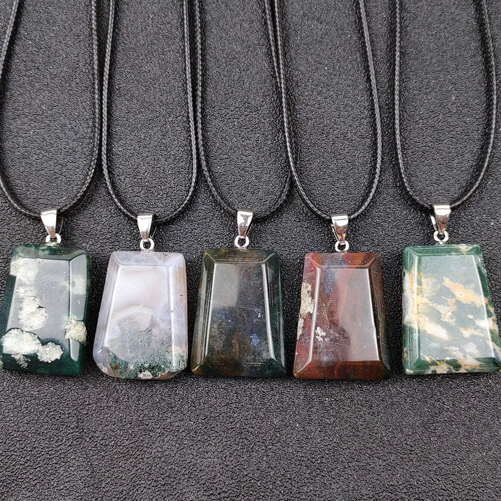 2026 Moss Agate Pendant with Clip Square Slice Pendant Natrual Raw Gemstone Boho Crystal Jewelry for Gifts