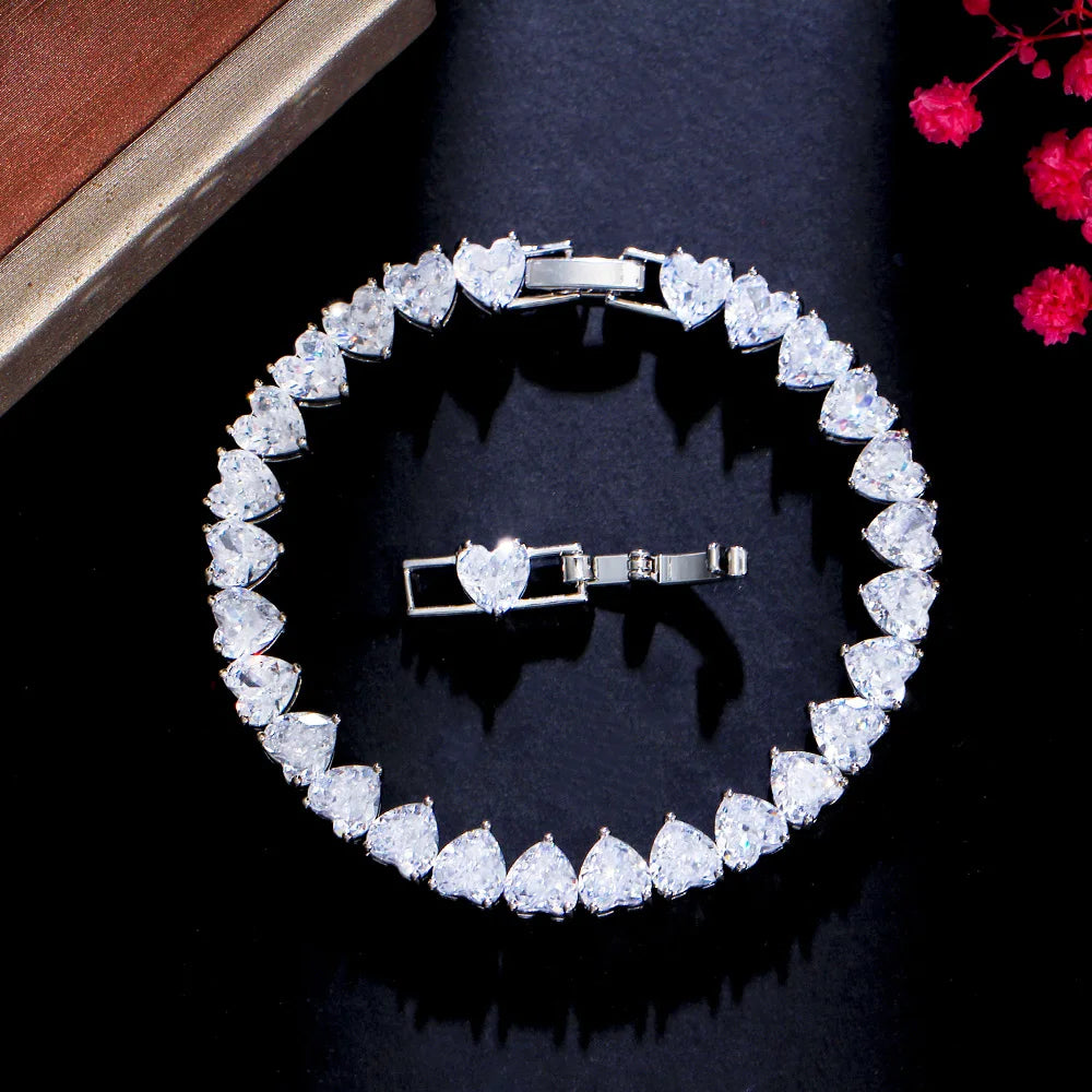 Dainty Cubic Zirconia Heart Tennis Bracelet Silver Plated CZ Heart Link Bracelet for Women Wedding Bridal Jewelry Valentine Gift