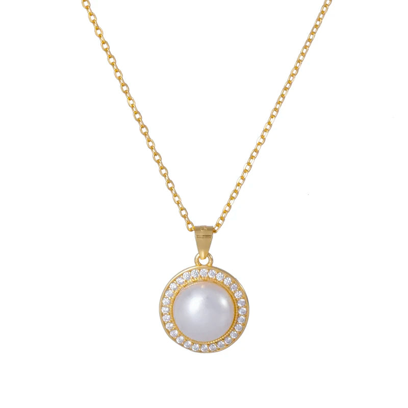 Micro Pave CZ  Rounded Freshwater Natural Pearl Necklace