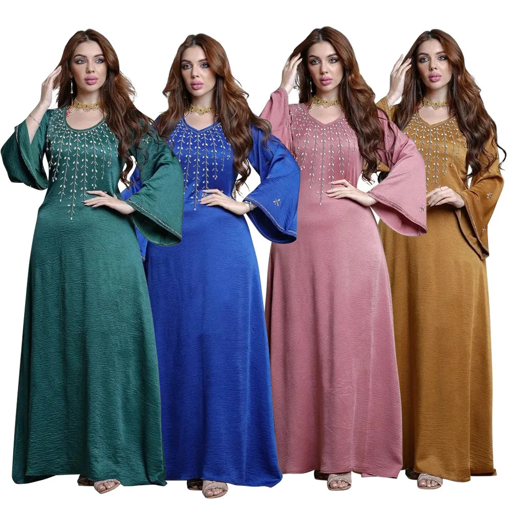 Particular Muslim Abaya Shiny Beadings Long Dress Loose Sleeves Solid Color Design Abaya Femmes Robe Musulmane