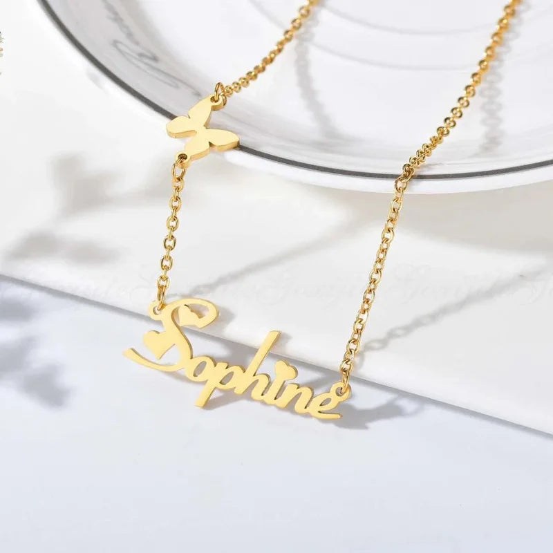 Customizable 18K Gold Plated Stainless Steel Butterfly Charm Cuban Chain Necklace Claw Setting Classic Trendy Letter Pattern for