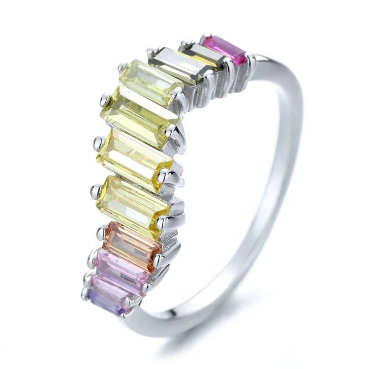 Hand Made Multi Stone Wave Rings in Real Silver 925 Thin Band Baguetle Ring for Women Gift