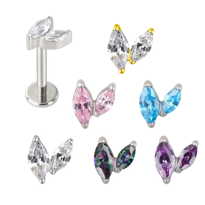 GZN Fashion Jewelry Titanium 16G Lip Ring Cartilage 2 CNC Set Marquise CZ Internally Threaded Labret Piercing Top Wholesale