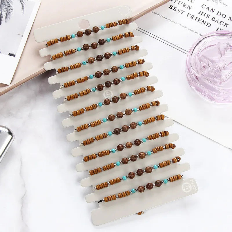 Fashion Vintage Wooden Beads Bracelet Set Adjustable Hand-woven Lucky Brown Wooden Beads Bracelets