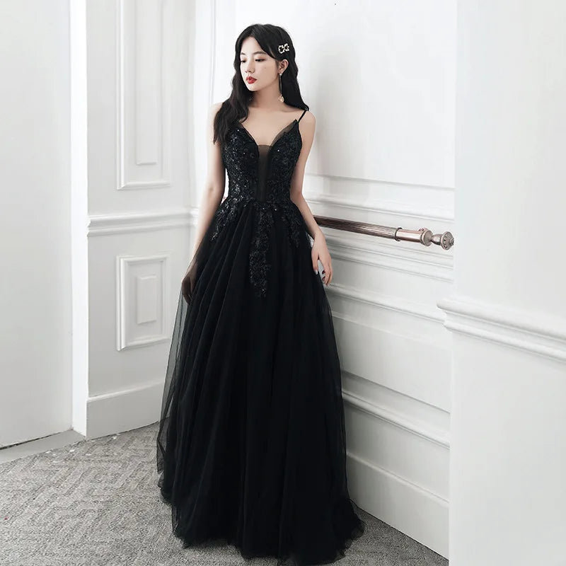 Women Party Suspenders Sleeveless Black Elegant Maxi Evening Prom Dresses