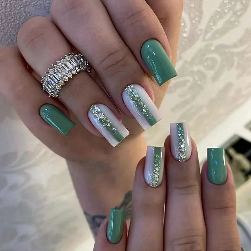 Wholesale Custom Private Label Luxury Square Design Green White False Press on Nails