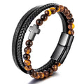 Punk Design Charm Customizable Stainless Steel Mens Hand Cuff Black Leather Beaded Bracelet For Men