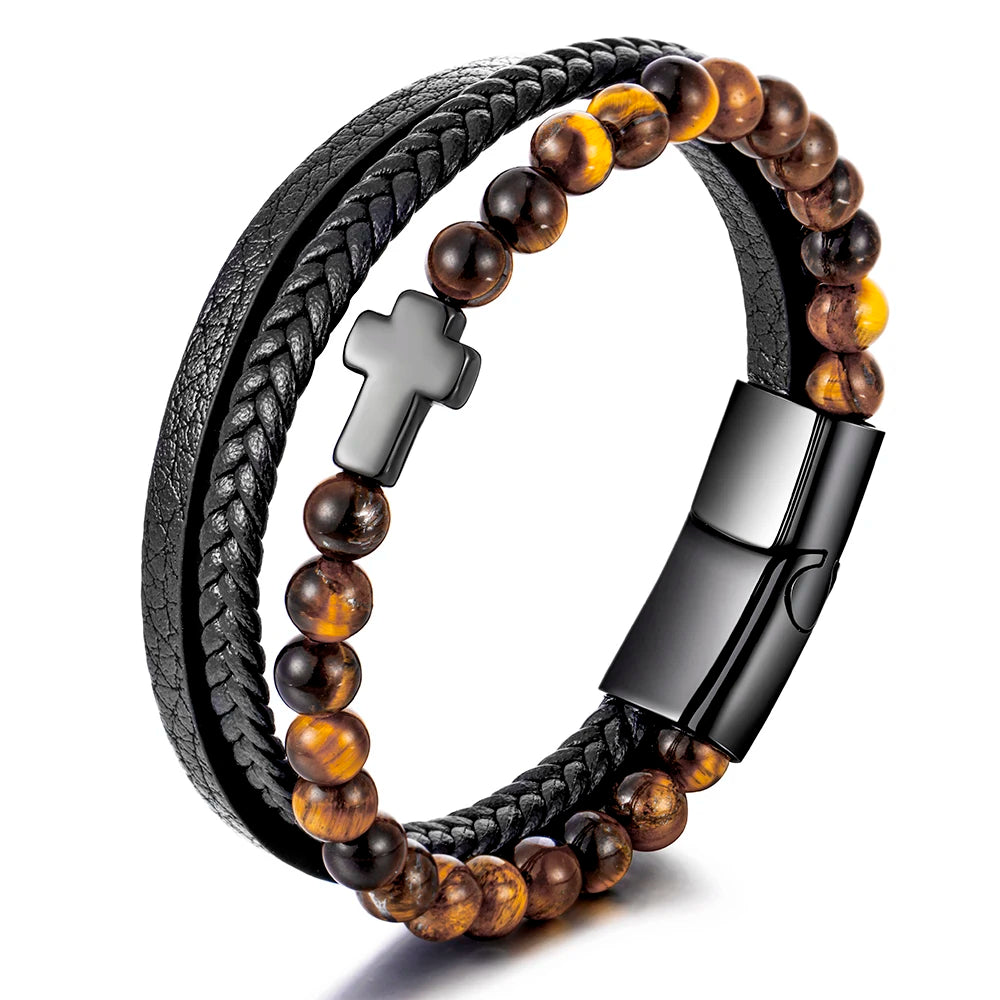 Punk Design Charm Customizable Stainless Steel Mens Hand Cuff Black Leather Beaded Bracelet For Men