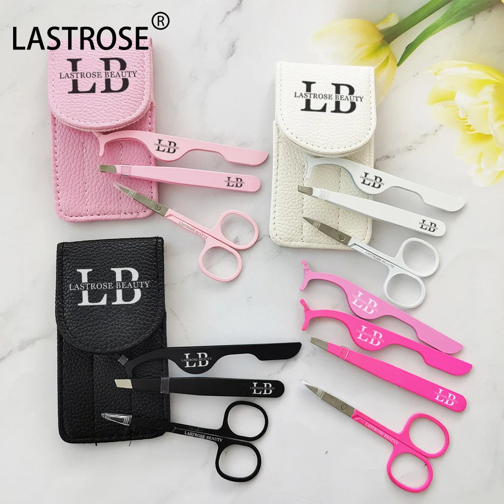Private logo Stainless Steel Eyebrow Scissors and Private Label Eyelashes Tweezers Eyebrow Applicators Lashes Tools Sets
